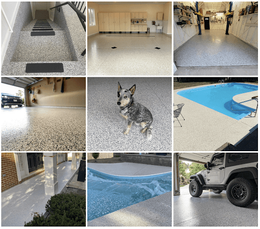 Nine images showcasing epoxy flooring in various settings, including garages, patios, and pool decks, featuring a dog sitting on similar flooring.