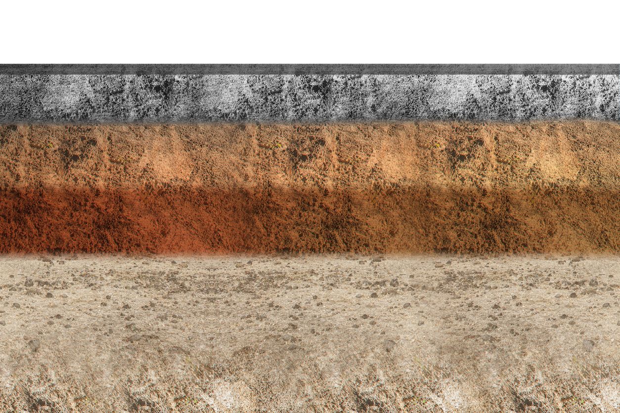 Three horizontal textured bands in gray, rust orange, and beige, resembling weathered concrete or fabric
