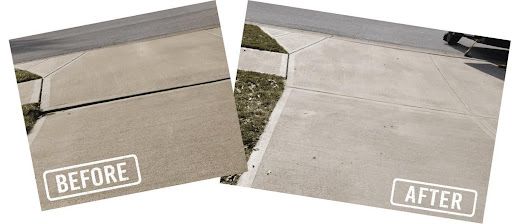 Before and after views of a concrete driveway, with a crack. The after image shows the crack has been repaired.