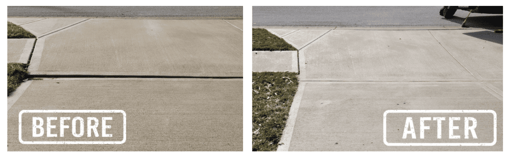 Before and after photos of a concrete sidewalk. Before photo shows a large crack running along the sidewalk, while the after photo shows the crack fixed.