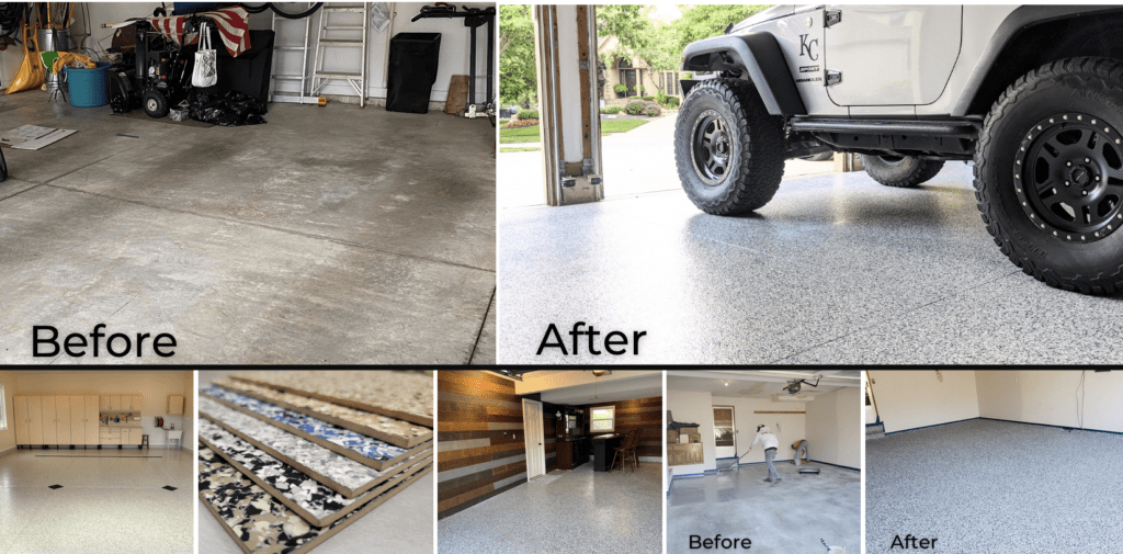 Before and after photos showcasing concrete floor coating: garage, and other rooms with the coated floors.