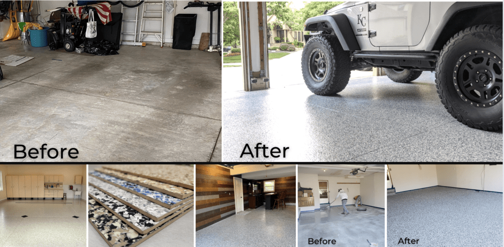 Before-and-after garage floor coating, showing a worn concrete floor transformed to a clean gray finish.