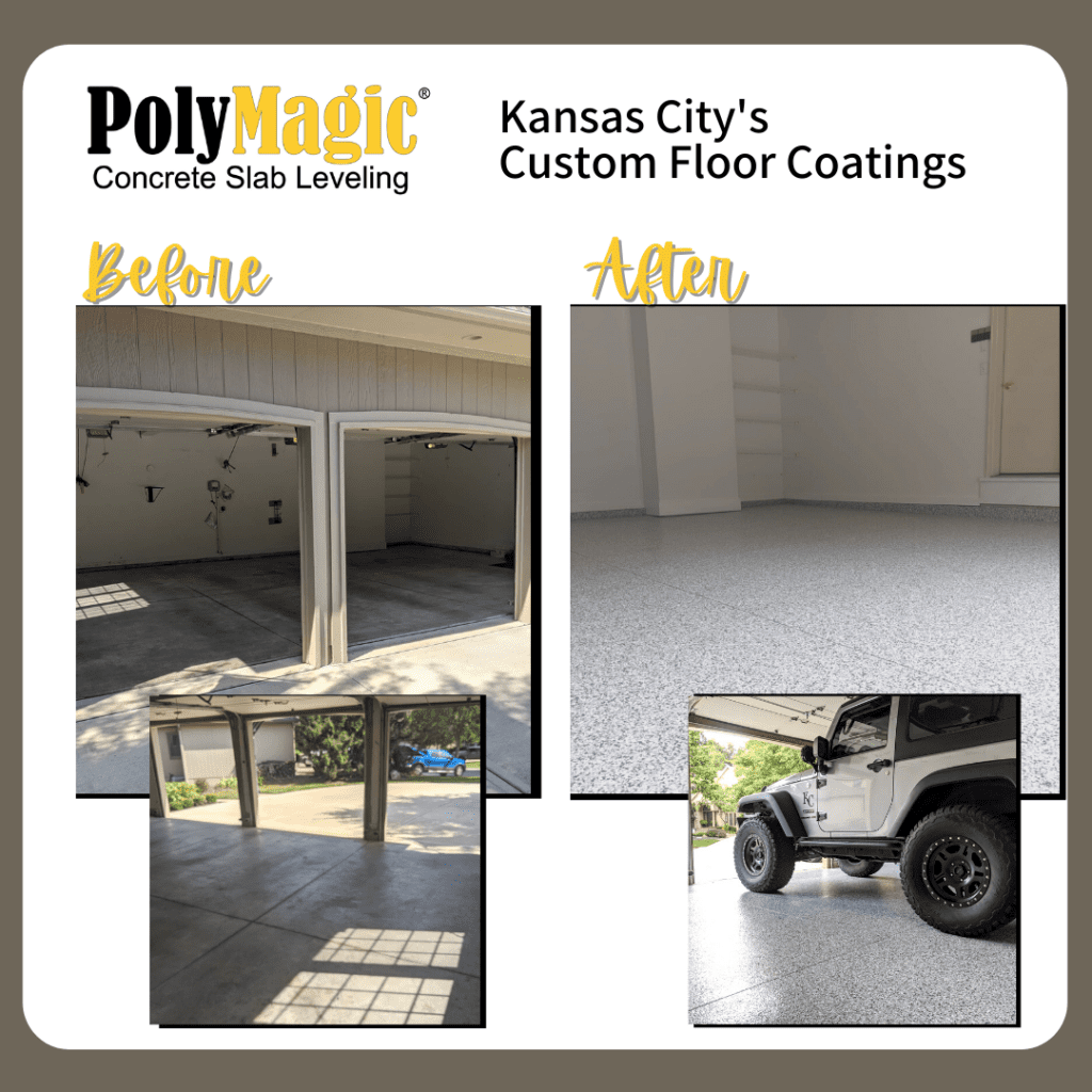 Before and after garage floor transformation. The before photo shows a worn concrete floor, while the after photo has a gray speckled coating with a Jeep parked on it.