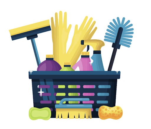 A basket overflowing with cleaning supplies including rubber gloves, spray bottles, a brush, and sponges.