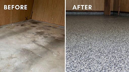 Before and after comparison of a garage floor. The