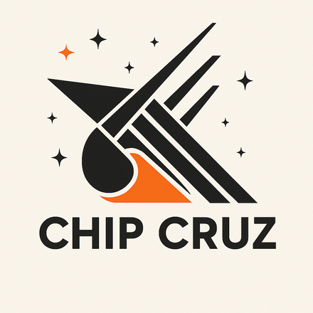 Logo for Chip Cruz with a stylized rocket and space elements; black, orange, and stars.
