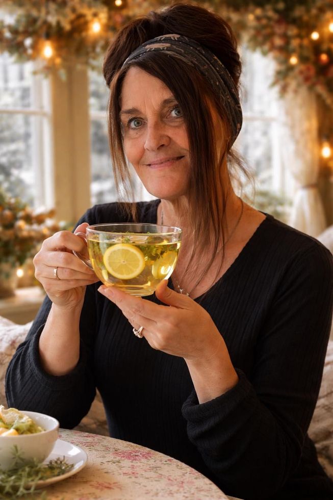 Woman holding a clear teacup with lemon, smiling indoors, soft lighting, and a floral setting.