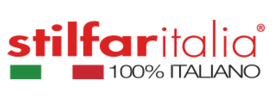 Logo Stilfar Italia in rosso e grigio con i colori della bandiera italiana e la scritta “100% ITALIANO”