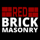 Logo for Red Brick Masonry: Red text with brick graphic atop, white