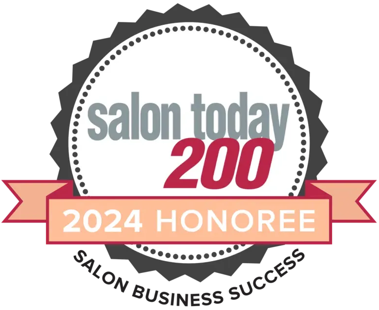 Salon Today 200 Honoree badge, 2024. Features a circular design with dotted border, ribbon and text "Salon Business Success."
