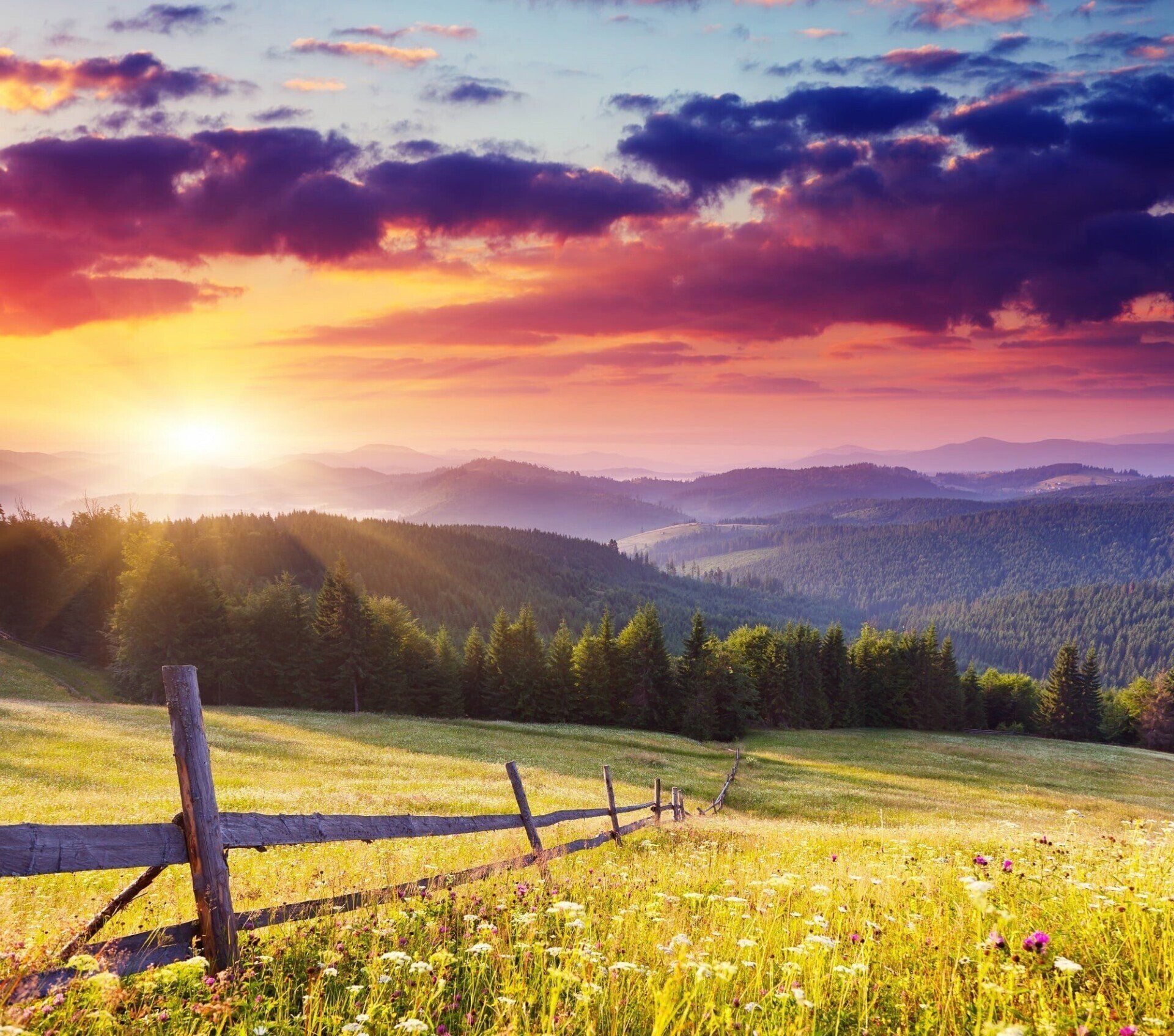 A wooden fence runs through a golden meadow under a dramatic purple and orange sunset over rolling mountains.