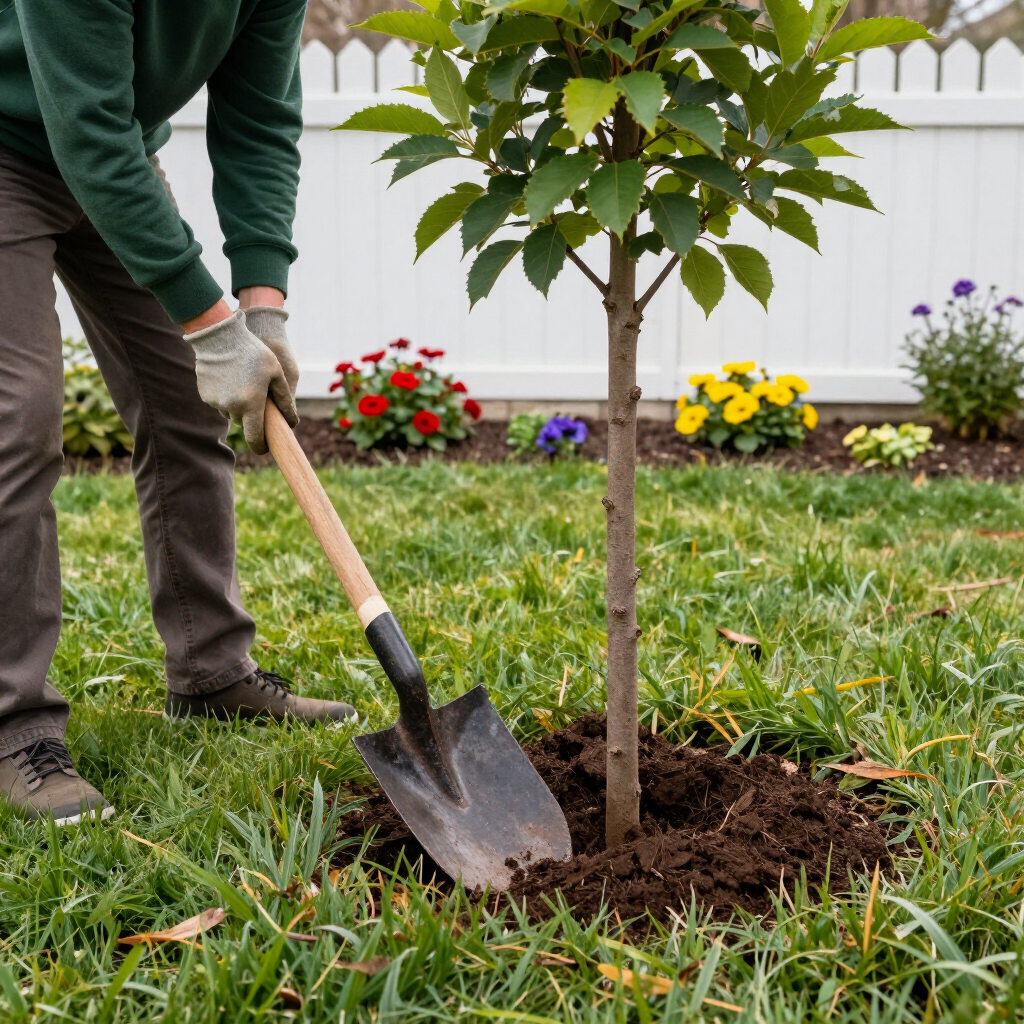 Person digging soil around a young tree with a shovel in a garden