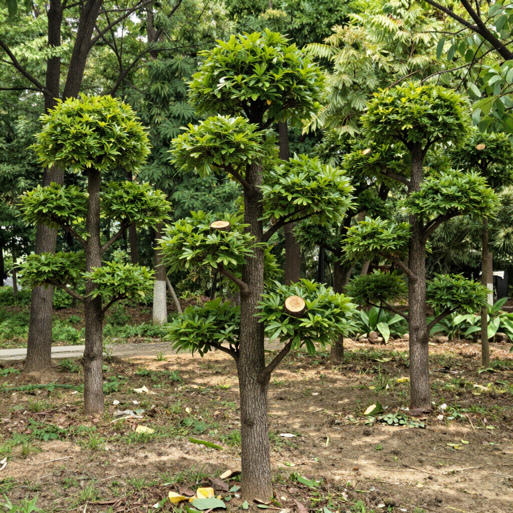 Young trees with round green canopies in a forest nursery, with one trunk freshly pruned.