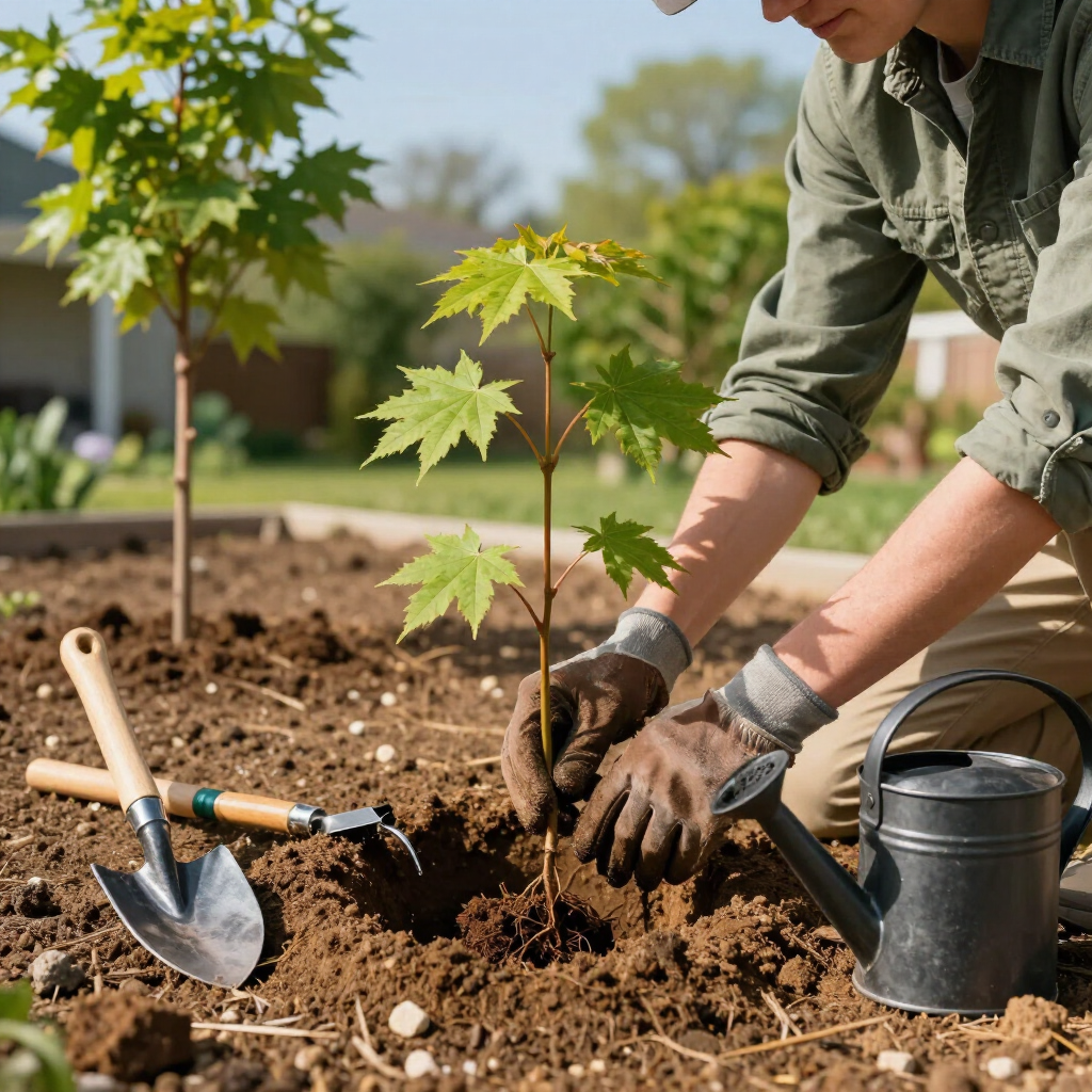 Gardener planting a young sapling in soil, with shovel and watering can nearby outdoors.