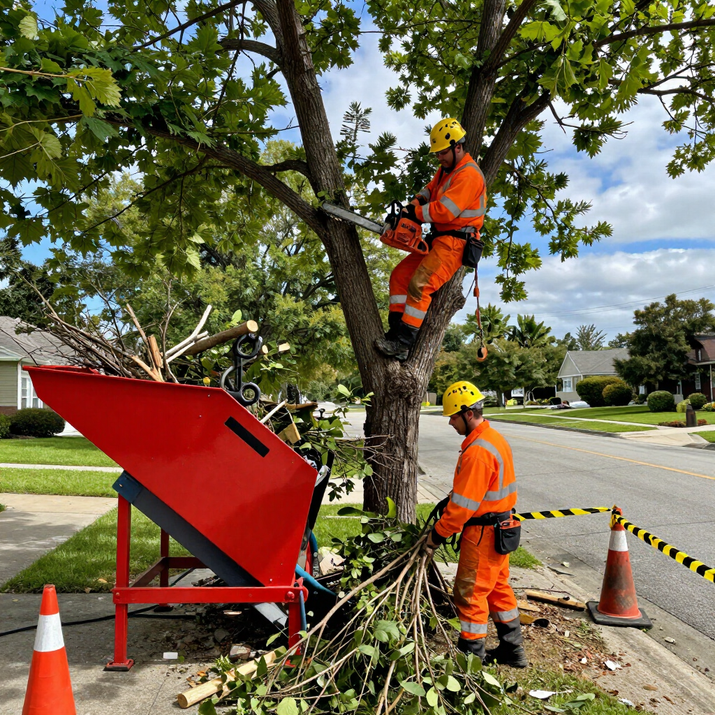 Workers trimming a tree beside a red wood chipper on a suburban street