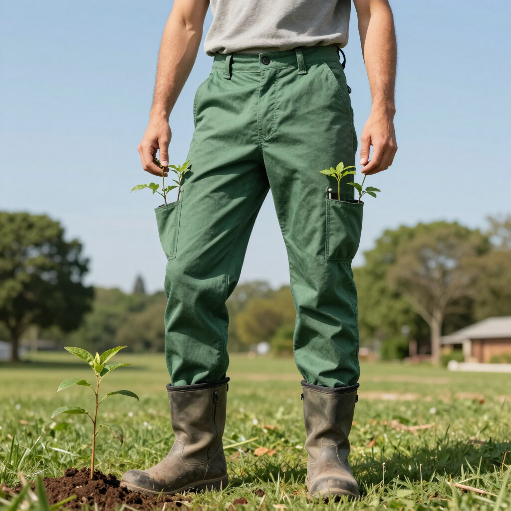 Person standing in a field holding small green seedlings, wearing green pants and boots.