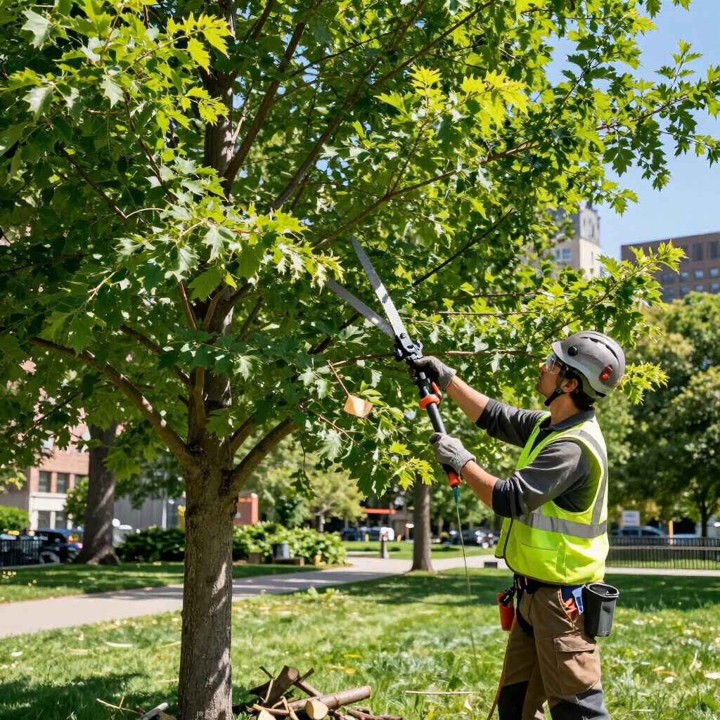 Worker in a neon vest trimming a tree with long-handled pruners in a sunny park