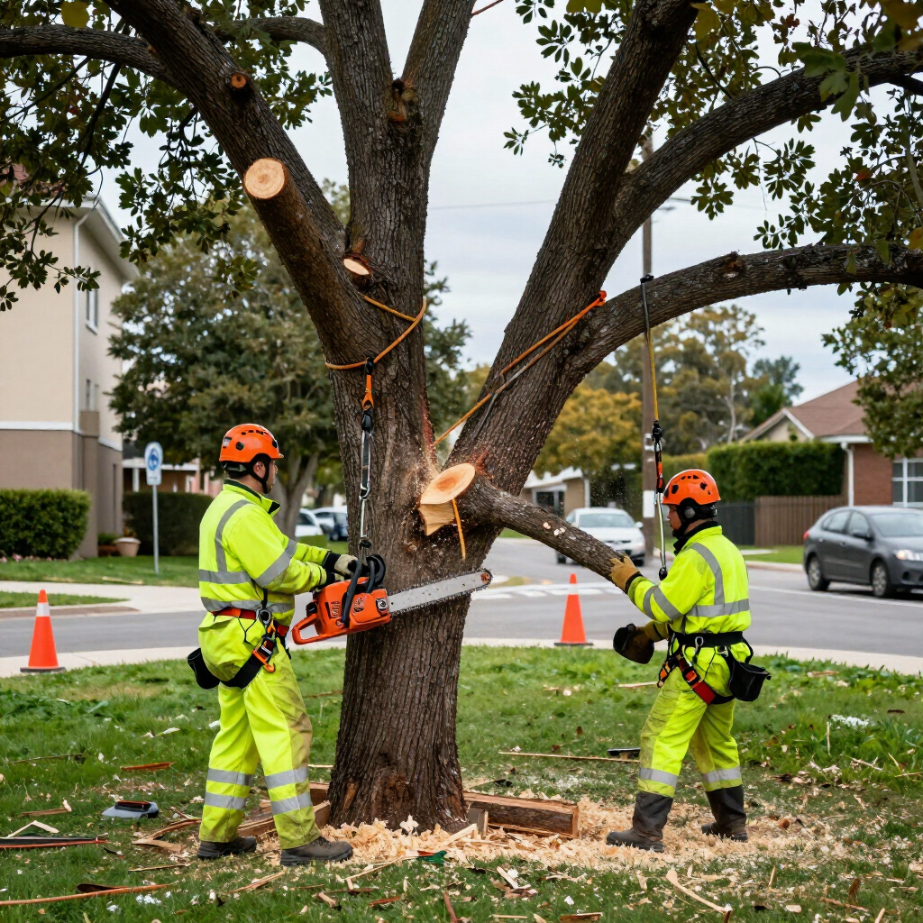 Two arborists in neon gear cut a large tree trunk with chainsaws on a suburban street.