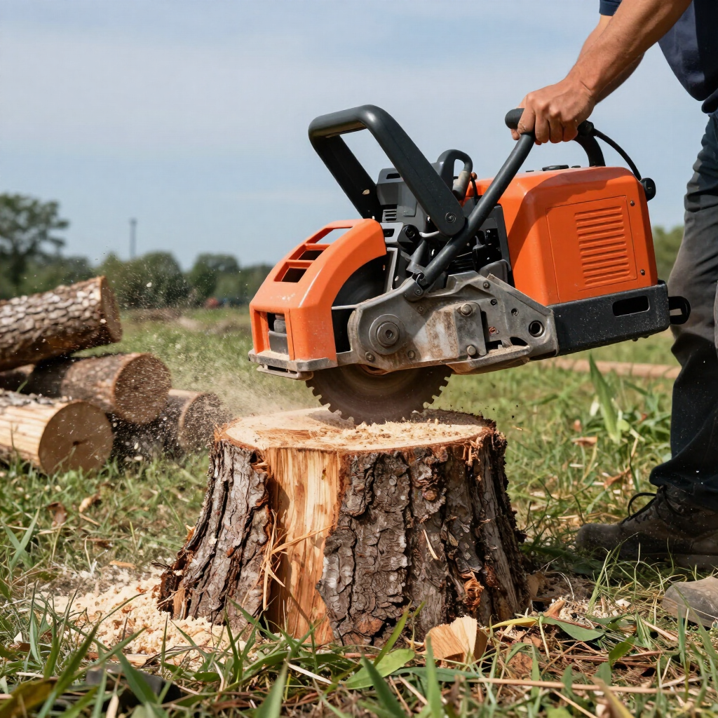 Chainsaw cutting a tree stump outdoors, with stacked logs and grass nearby.