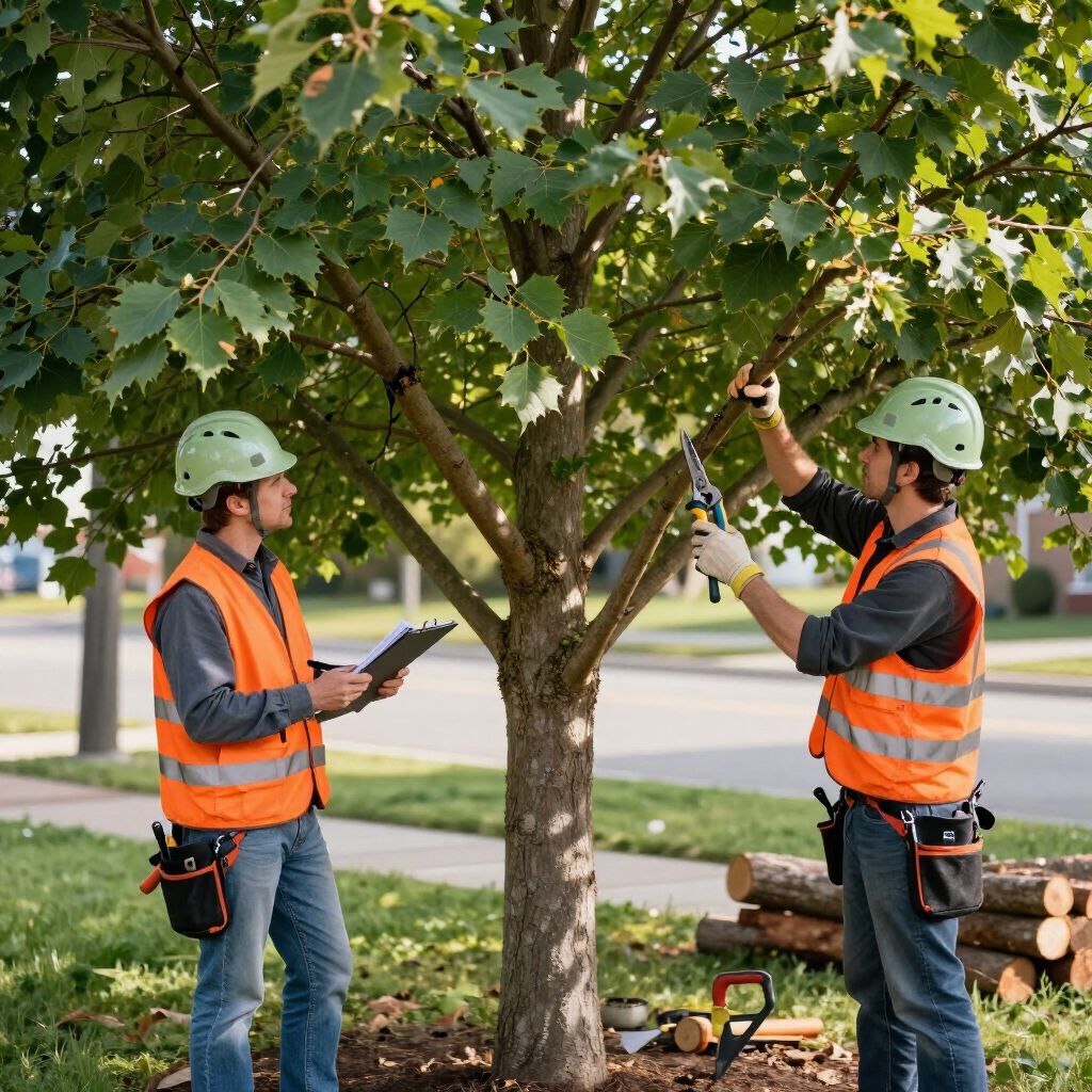 Two arborists in orange vests trimming a tree in a suburban yard.