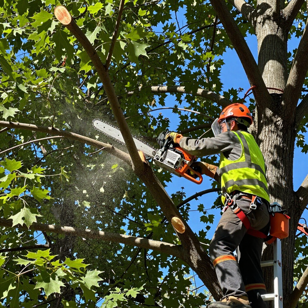 Arborist in orange helmet using a chainsaw to cut a tree branch from a ladder