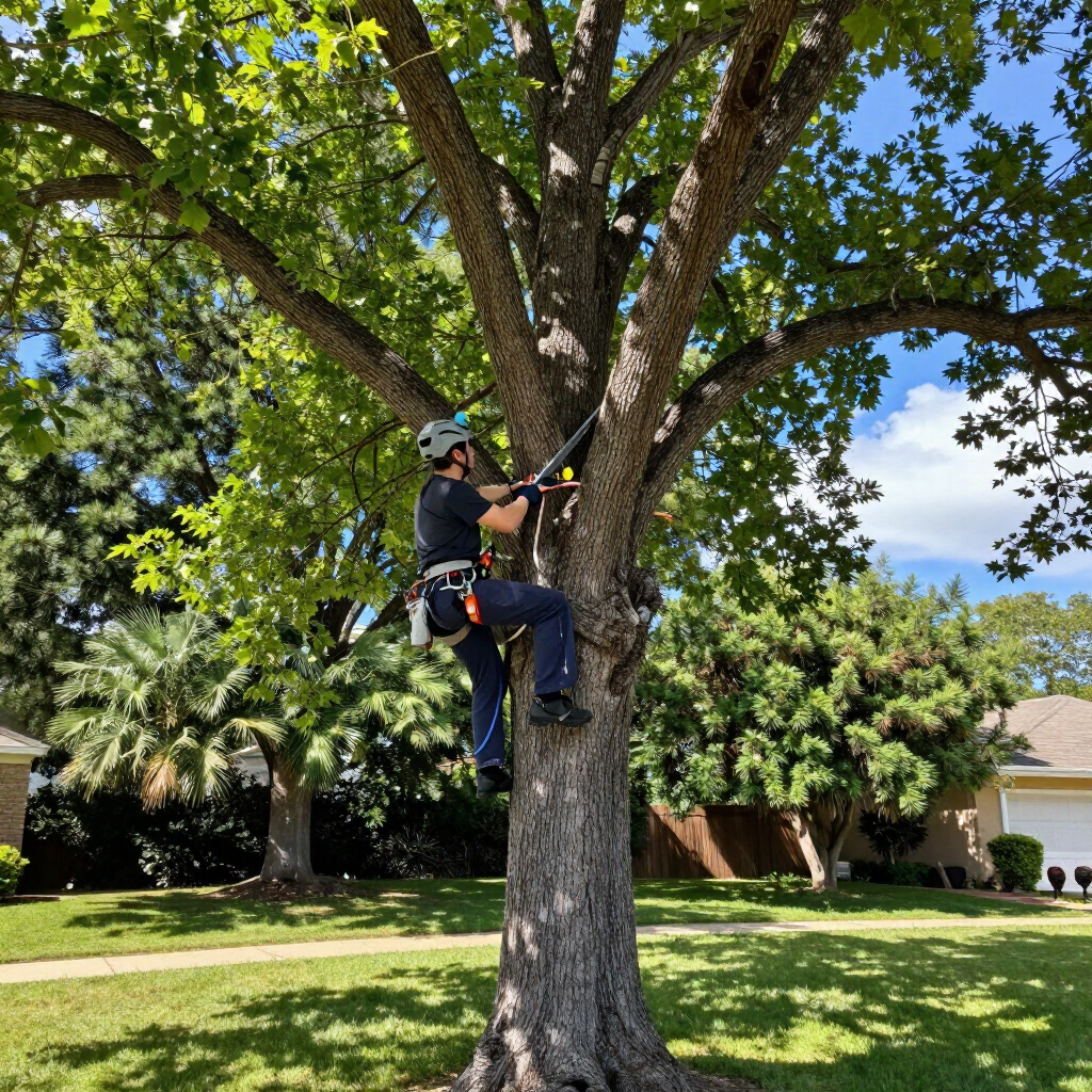 Climber in a helmet and harness ascending a large tree in a sunny suburban yard