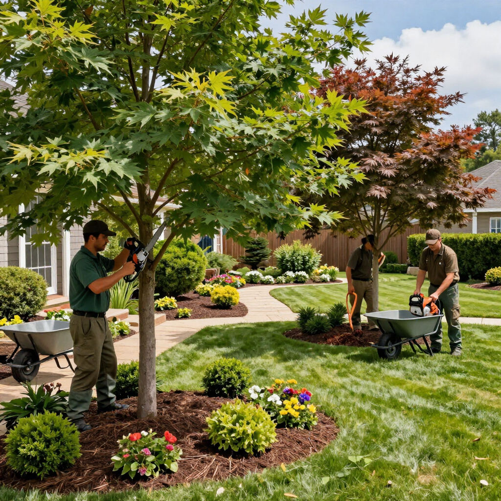 Landscape workers tending a landscaped yard with trees, flower beds, and wheelbarrows in a sunny neighborhood.