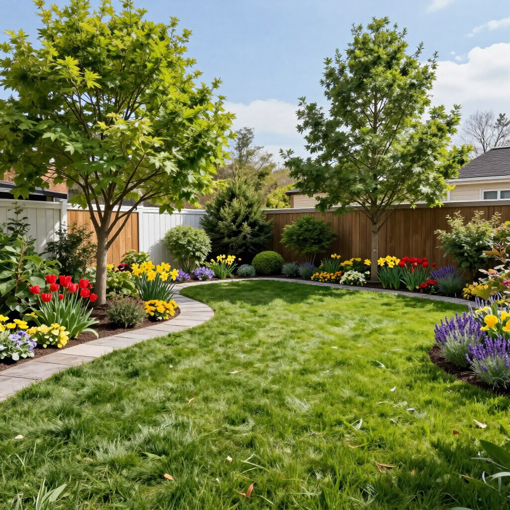 Sunny backyard garden with green lawn, curved stone border, and colorful flower beds by a wooden fence.