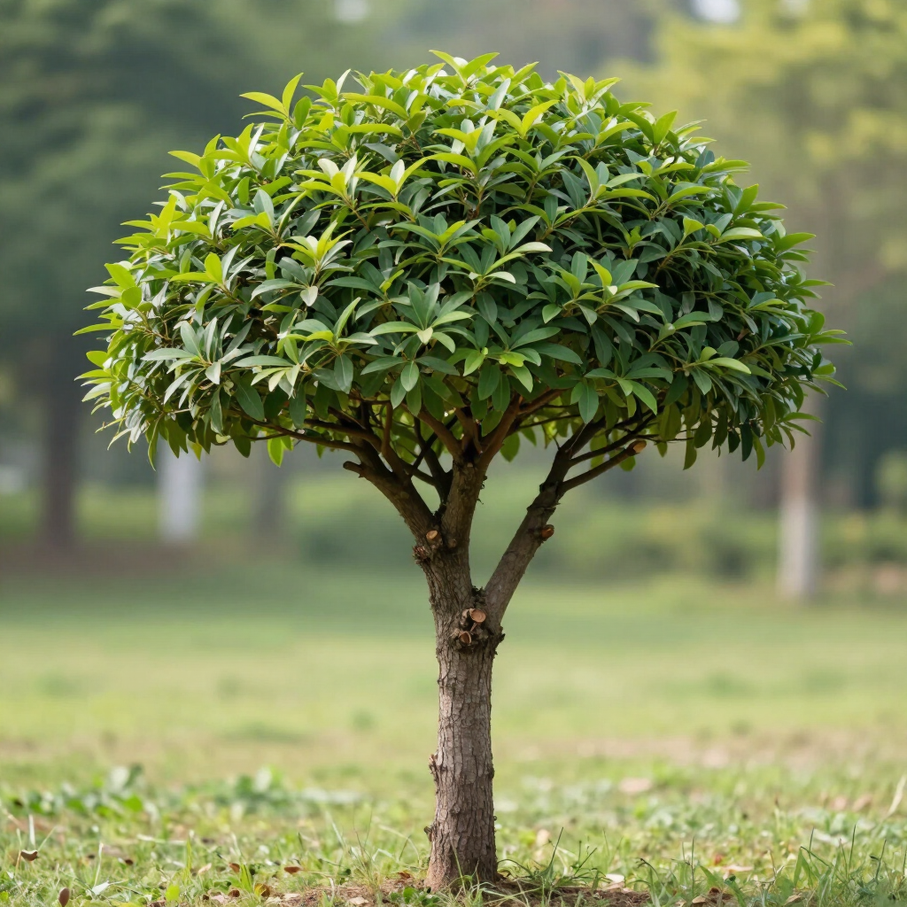Small ornamental tree with a rounded green canopy in a grassy park