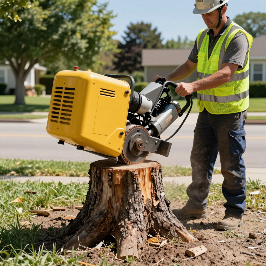 Worker cutting a tree stump with a yellow stump grinder in a suburban yard