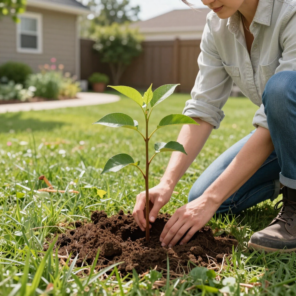 Person kneeling in a yard, planting a young sapling in the grass