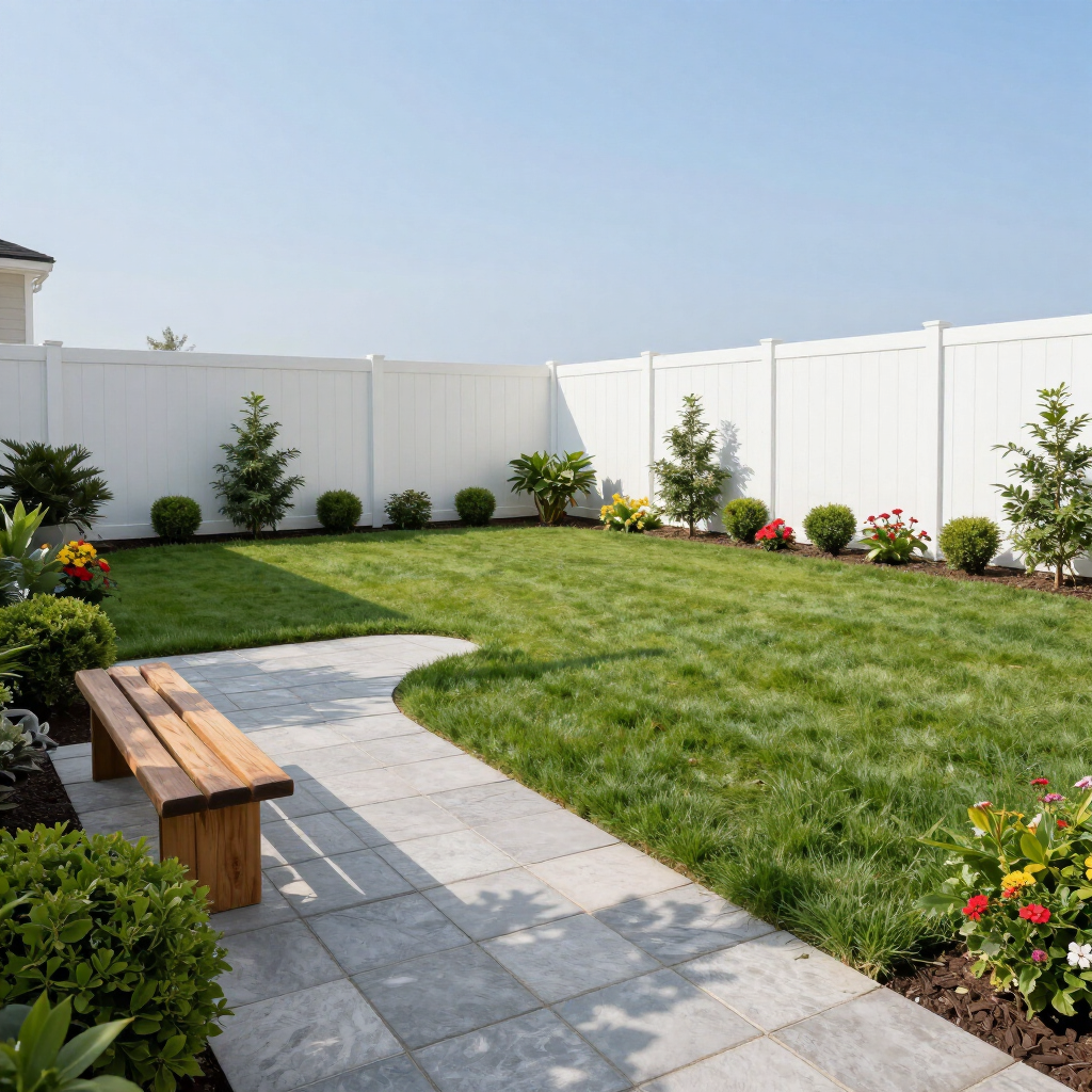 Backyard with white fence, green lawn, curved stone path, and wooden bench under a clear sky
