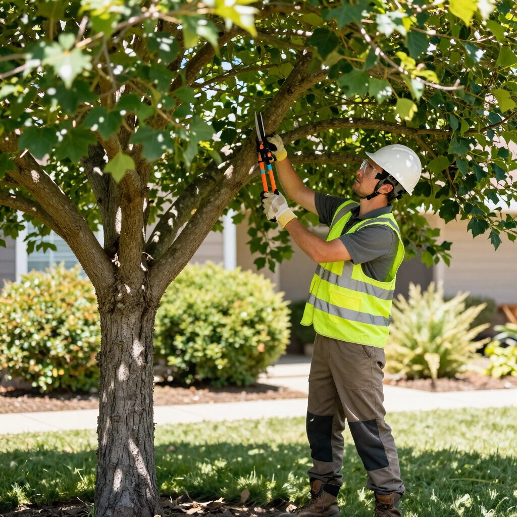 Worker in safety vest and hard hat trimming a tree with shears in a residential yard