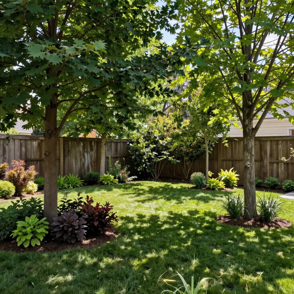 Sunny backyard garden with trees, lawn, flower beds, and wooden fence