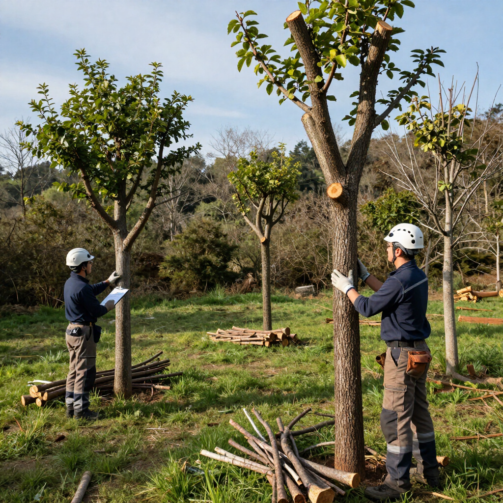 Two workers in hard hats pruning young trees in an orchard, with trimmed branches piled nearby.