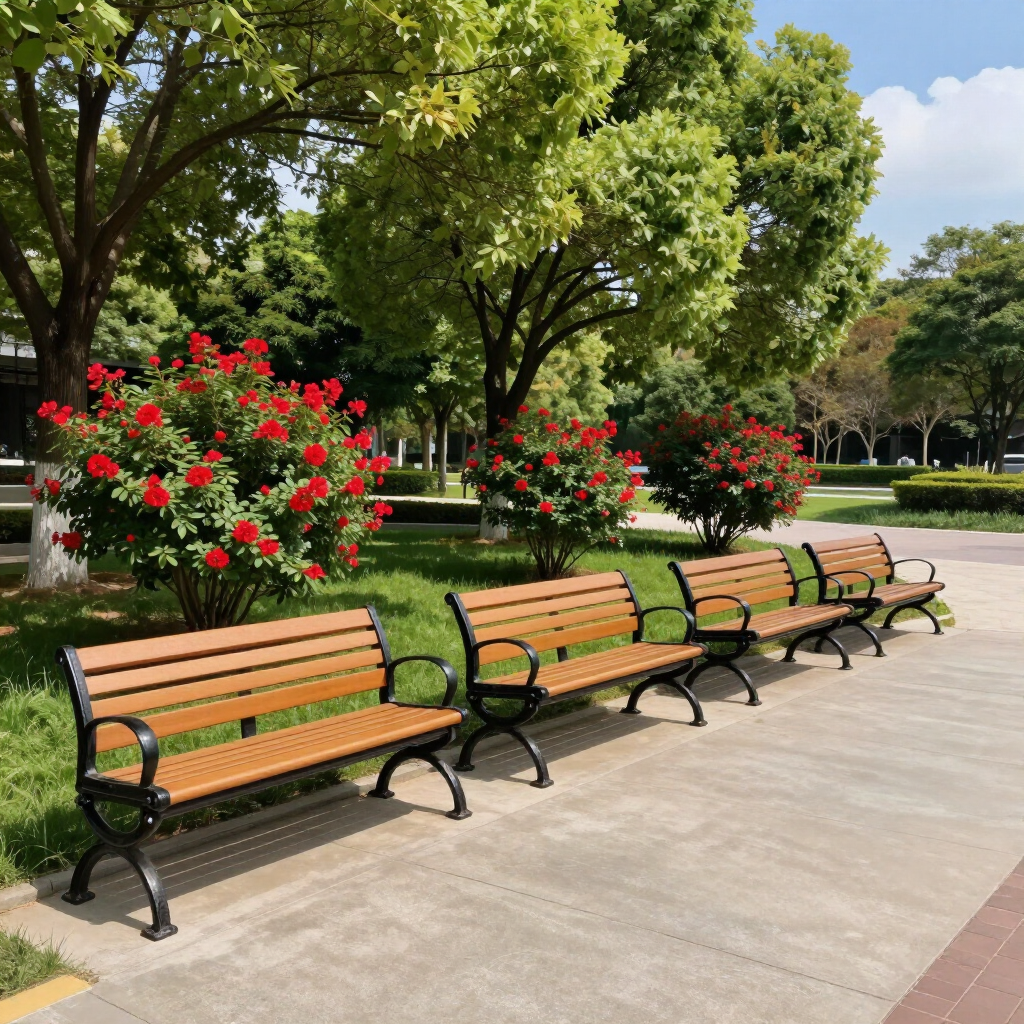 Park walkway with wooden benches, red flowers, and leafy trees in a sunny garden setting