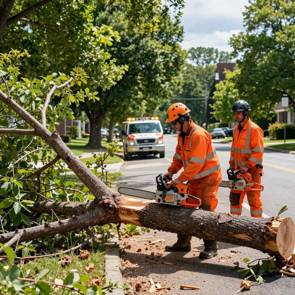 Two utility workers in orange gear cut a fallen tree blocking a street with a chainsaw