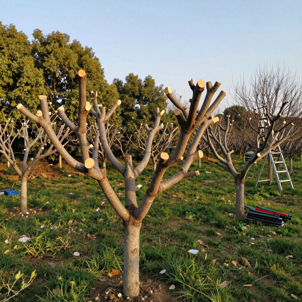 Pruned trees in a grassy orchard, with a ladder and tools in the background.