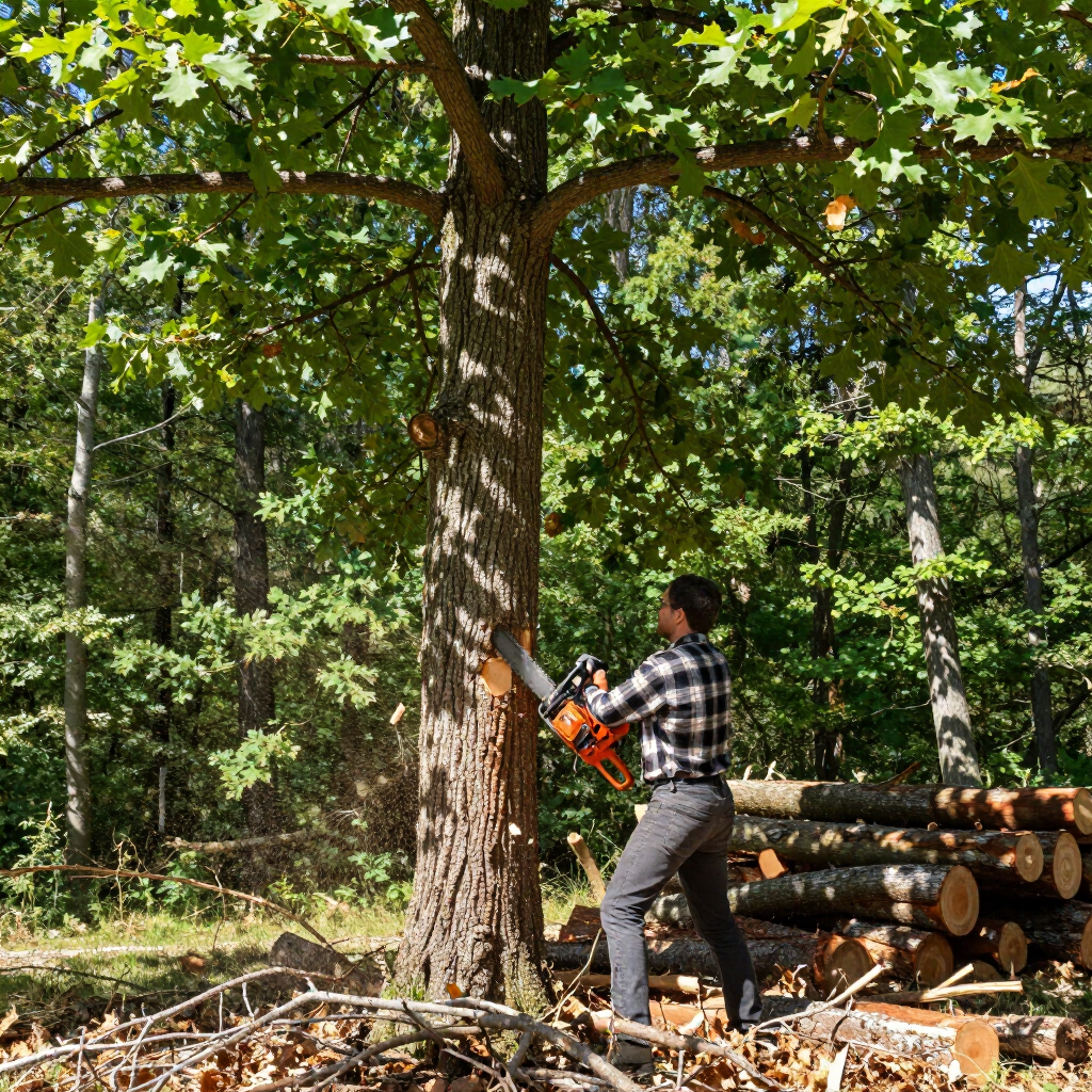 Worker using an orange chainsaw to cut a tree in a wooded area beside stacked logs