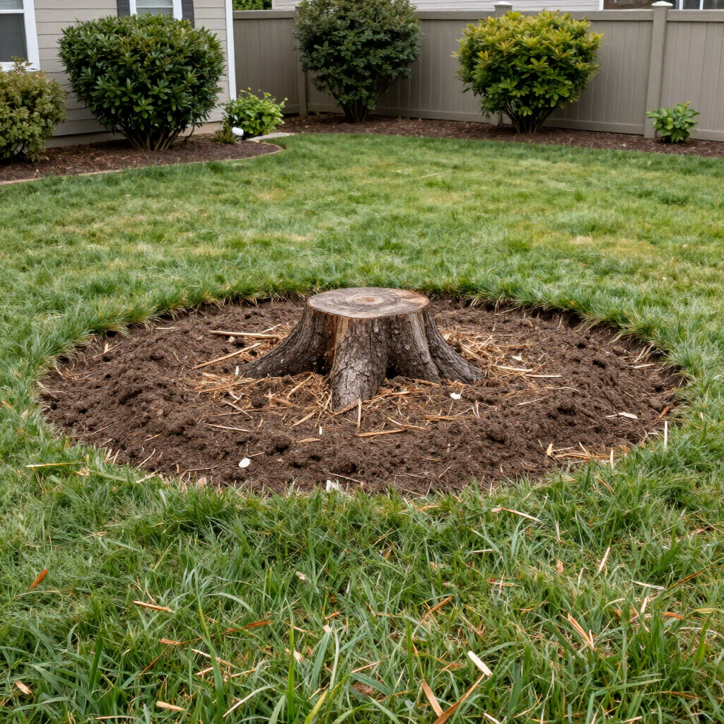 Tree stump in a grassy backyard, surrounded by a circular bed of bare soil.
