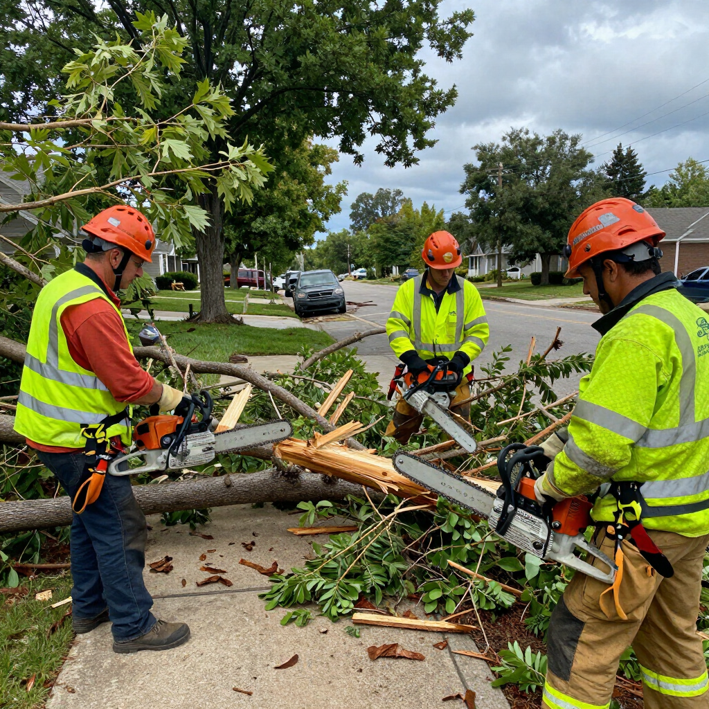 Three utility workers in orange helmets clear a fallen tree blocking a suburban street
