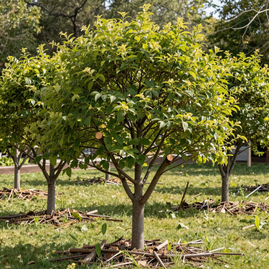 Young fruit trees in a grassy orchard, with mulch and sunlight filtering through the leaves