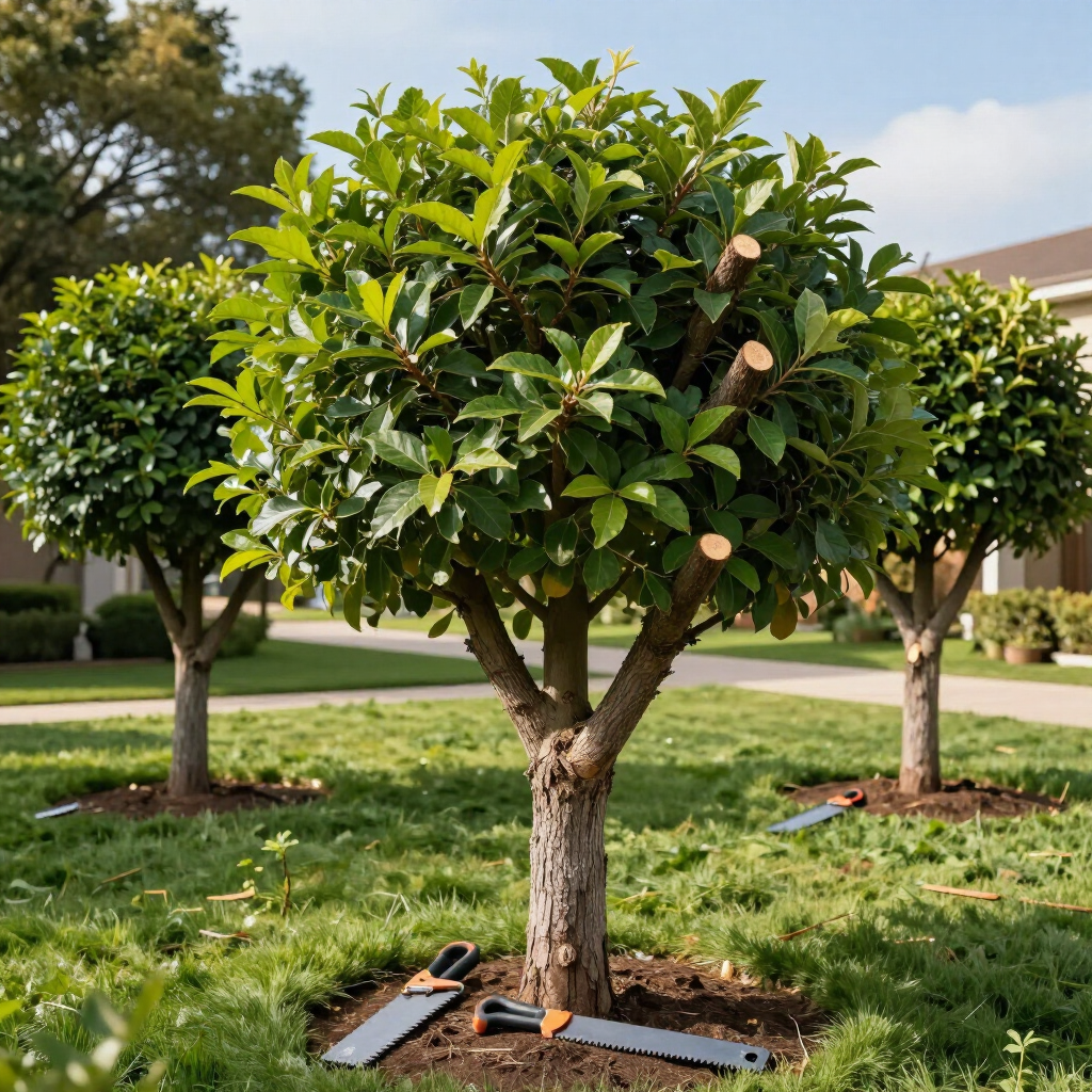 Pruned young trees in a grassy suburban yard with garden tools at the base