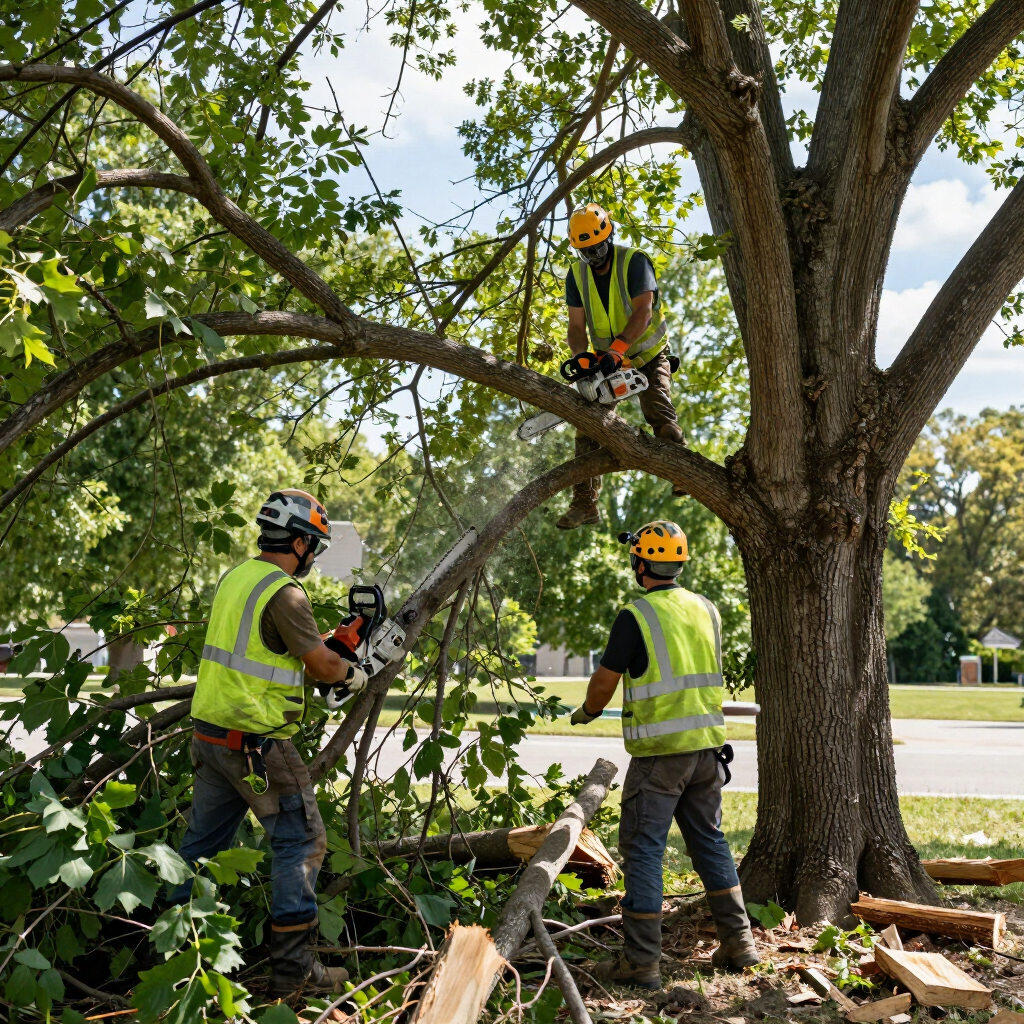 Tree workers in neon vests and helmets trimming branches with chainsaws around a large oak tree
