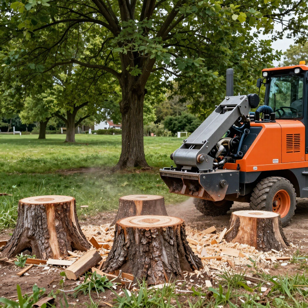 Orange stump grinder removing tree stumps in a grassy park with several cut stumps nearby