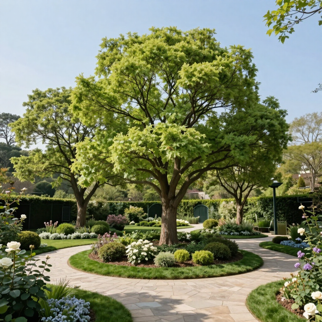 Curved stone path around a lush green tree in a landscaped garden with white flowers and trimmed hedges