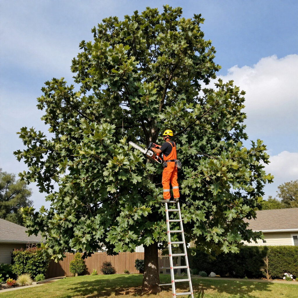 Arborist in orange gear trimming a tall tree from a ladder in a suburban yard