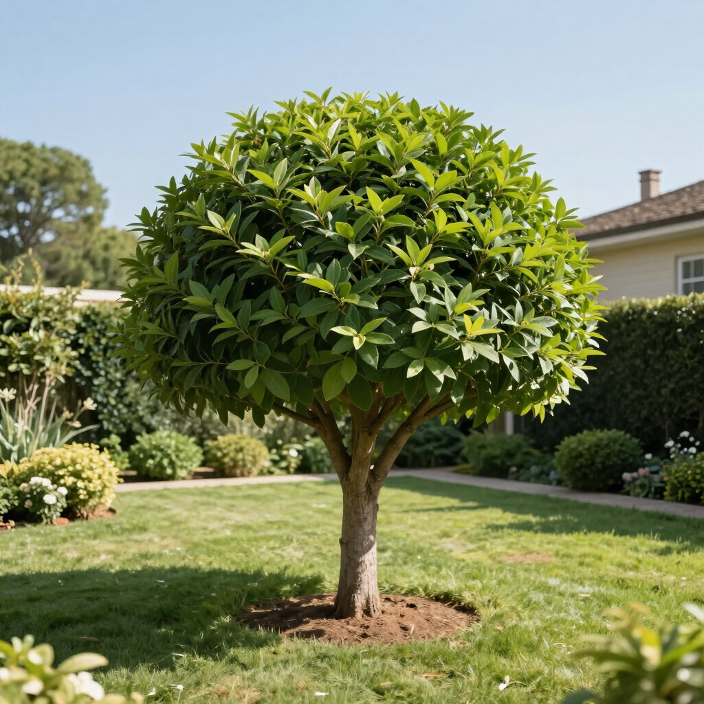 Round ornamental tree in a sunny lawn with trimmed hedges and a house in the background