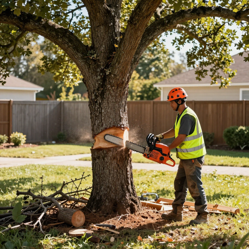 Worker in orange helmet cutting tree trunk with chainsaw in a backyard under a large tree