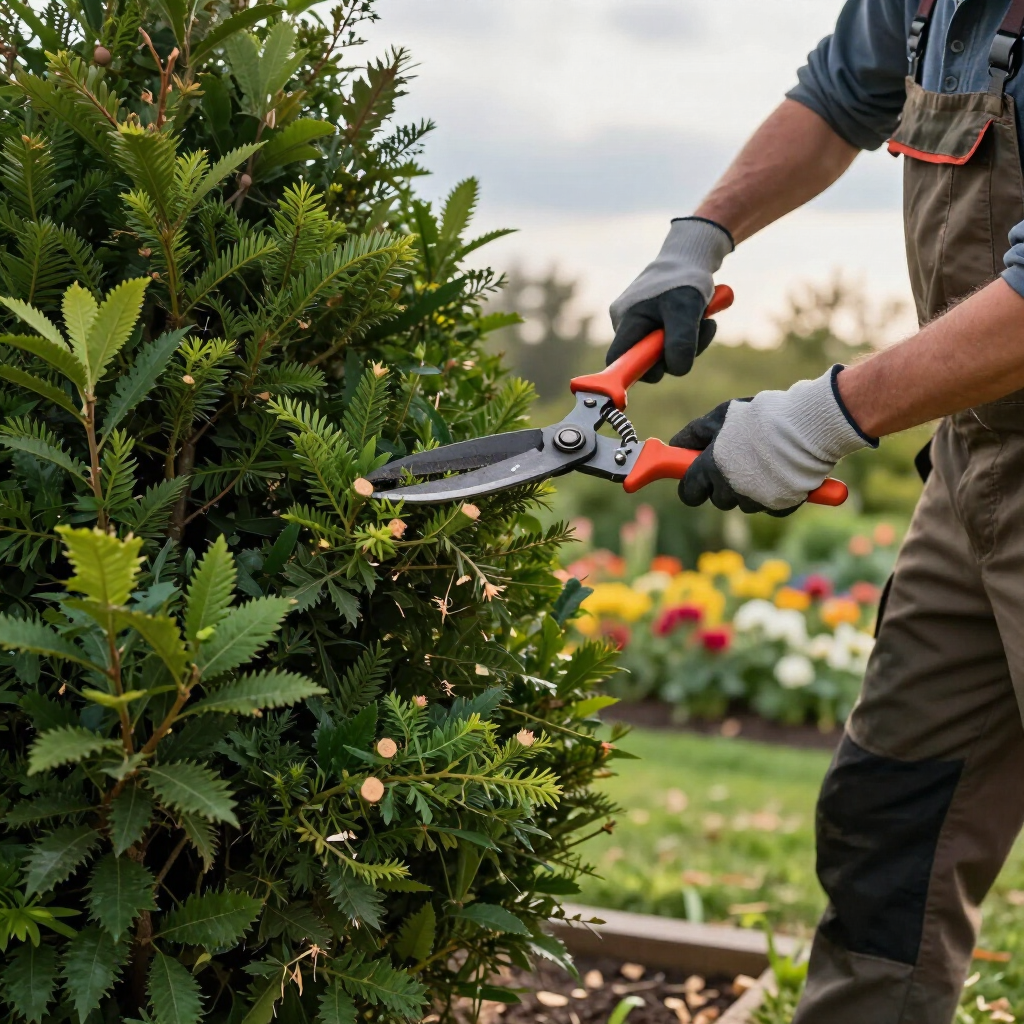 Gardener trimming a green shrub with hedge shears in a flower garden